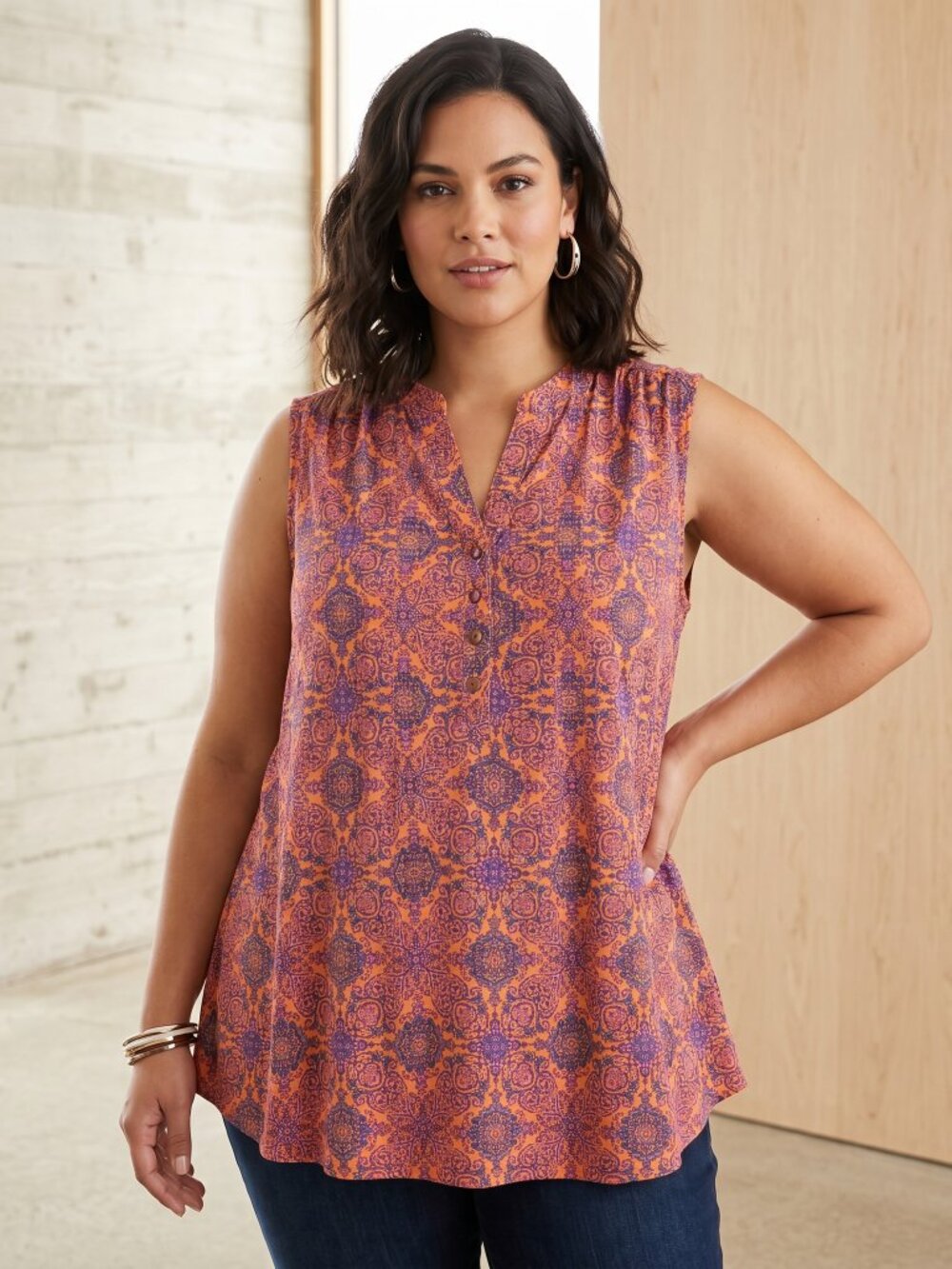 Dressbarn Mosaic Henley Top Orange Blue Sleeveless Boho Western Whimsigoth Sz 2X